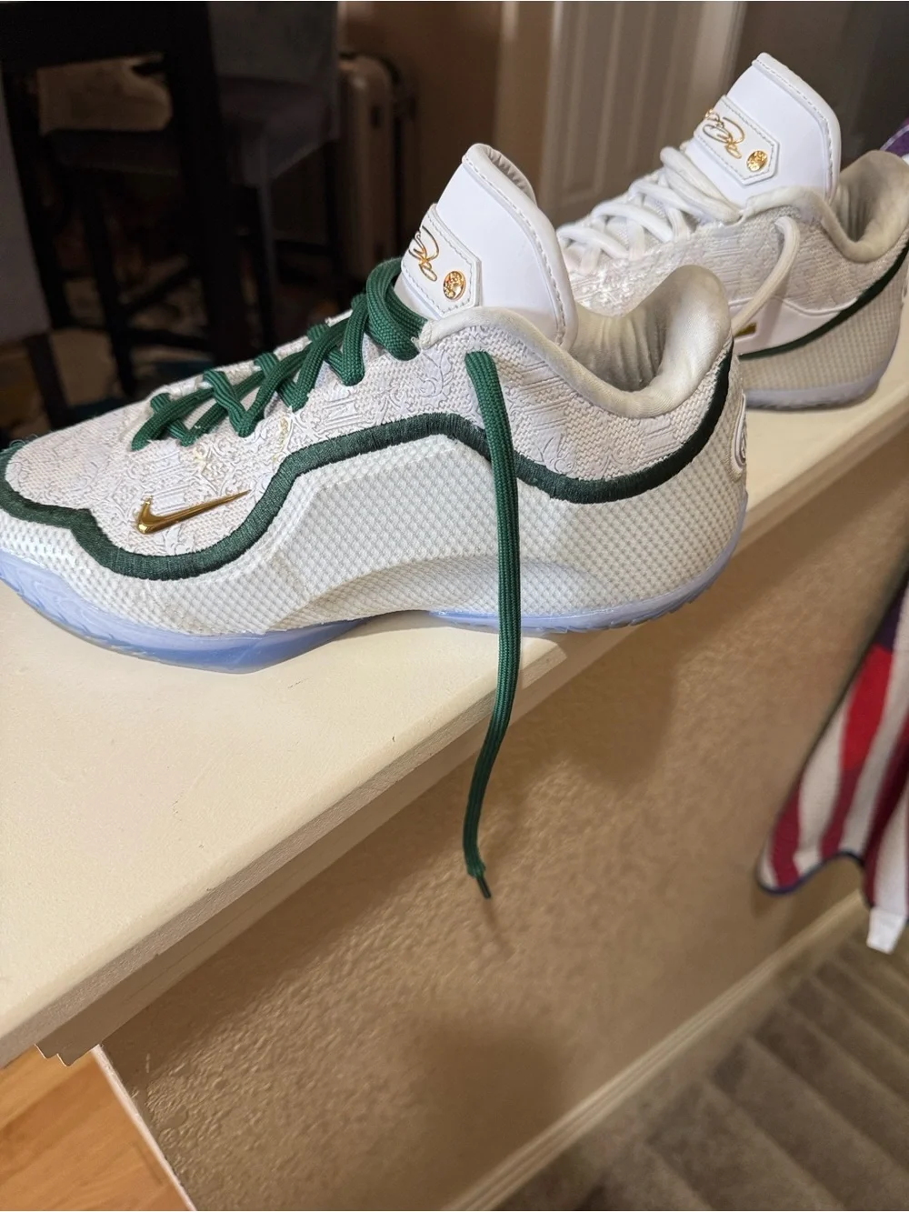 Kids White and Green Sneakers with Gold Accent